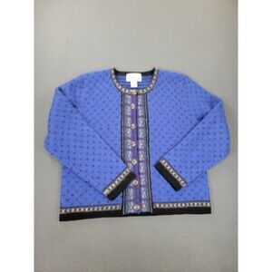 Vintage Tally-Ho Sweater Womens XL Blue Wool Cardigan Button Front Fair Isle 90s